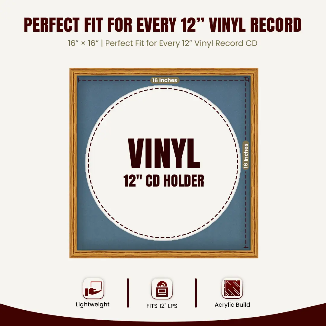 16x16" Classic Oak Vinyl Record Frame With Black Mount For 12" LP Discs | Premium Wall Frame For Music Enthusiasts thumbnail 3