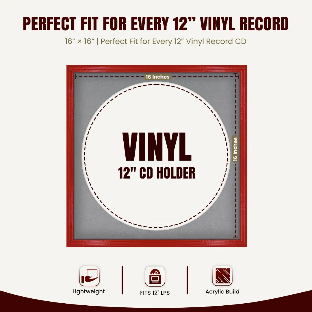 16x16" Classic Red Vinyl Record Frame With Mid Grey Mount For 12" LP Discs | Premium Wall Frame For Music Enthusiasts thumbnail 3