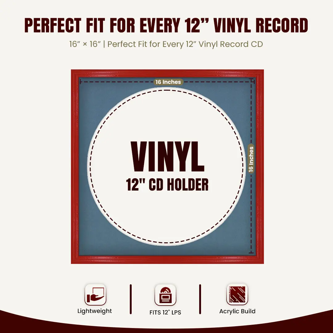16x16" Classic Red Vinyl Record Frame With Pompador Mount For 12" LP Discs | Premium Wall Frame For Music Enthusiasts thumbnail 3