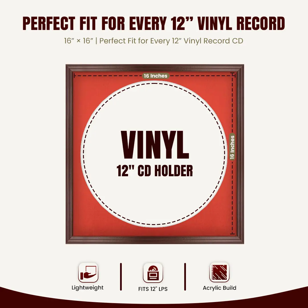 16x16" Classic Rose Wood Vinyl Record Frame With Poppy Red Mount For 12" LP Discs | Contemporary Wall Display thumbnail 3