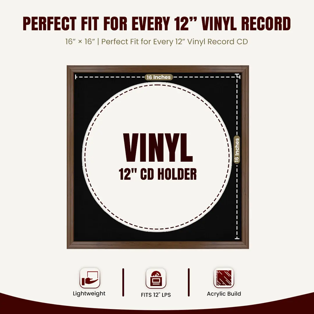16x16" Classic Walnut Vinyl Record Frame With Black Mount For 12" LP Discs | Premium Wall Frame For Music Enthusiasts thumbnail 3