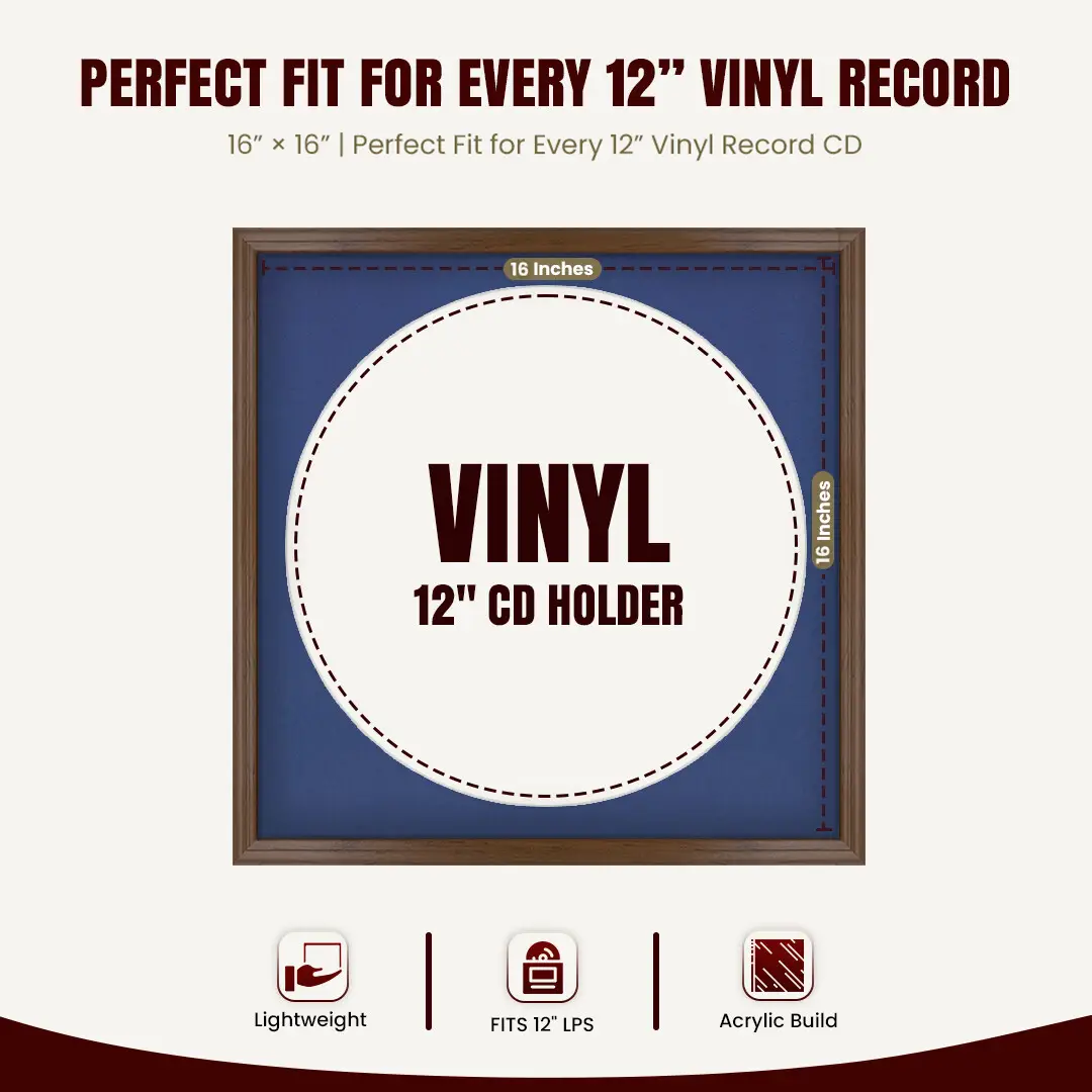 16x16" Classic Walnut Vinyl Record Frame With Blue Mount For 12" LP Discs | Elegant Frame For Music Lovers thumbnail 3