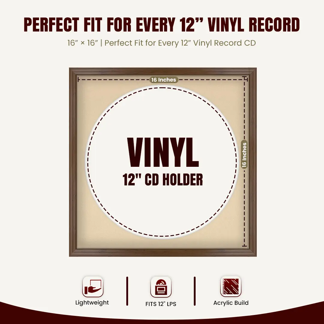 16x16" Classic Walnut Vinyl Record Frame With Ivory Mount For 12" LP Discs | Premium Wall Frame For Music Enthusiasts thumbnail 3