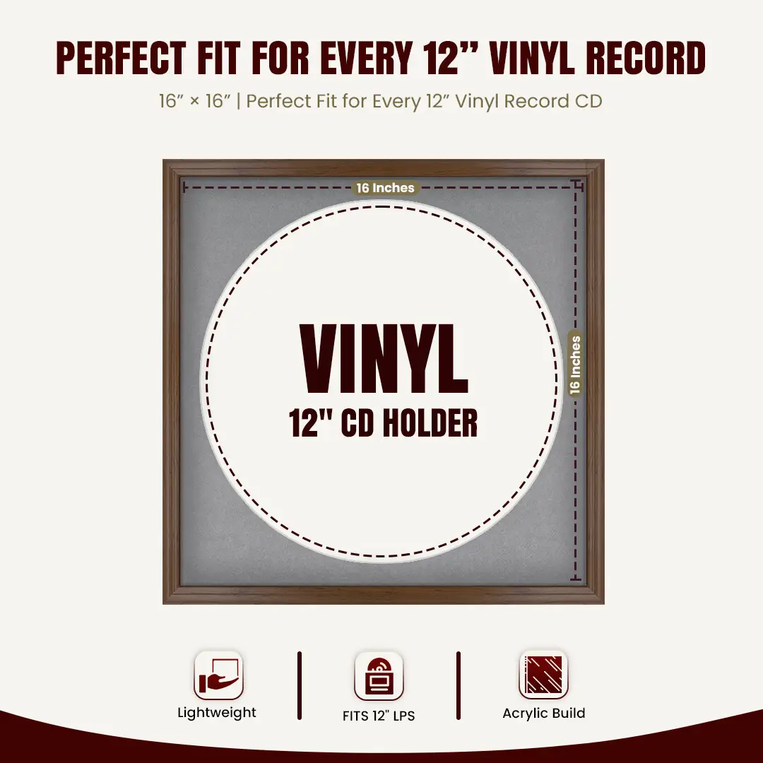 16x16" Classic Walnut Vinyl Record Frame With Black Mount For 12" LP Discs | Contemporary Wall Display thumbnail 3