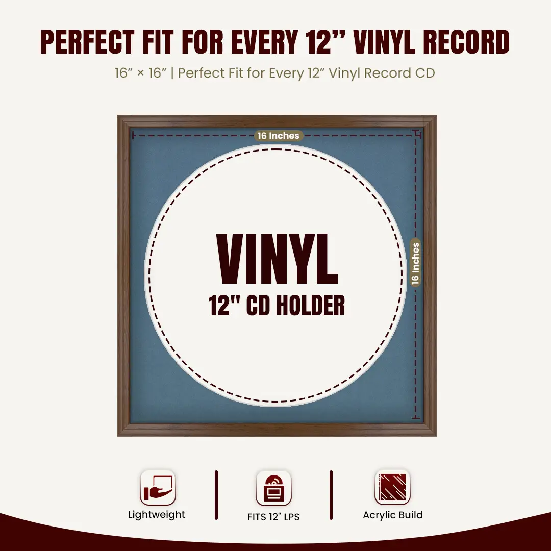 16x16" Classic Walnut Vinyl Record Frame With Pompador Mount For 12" LP Discs | Contemporary Wall Display thumbnail 3