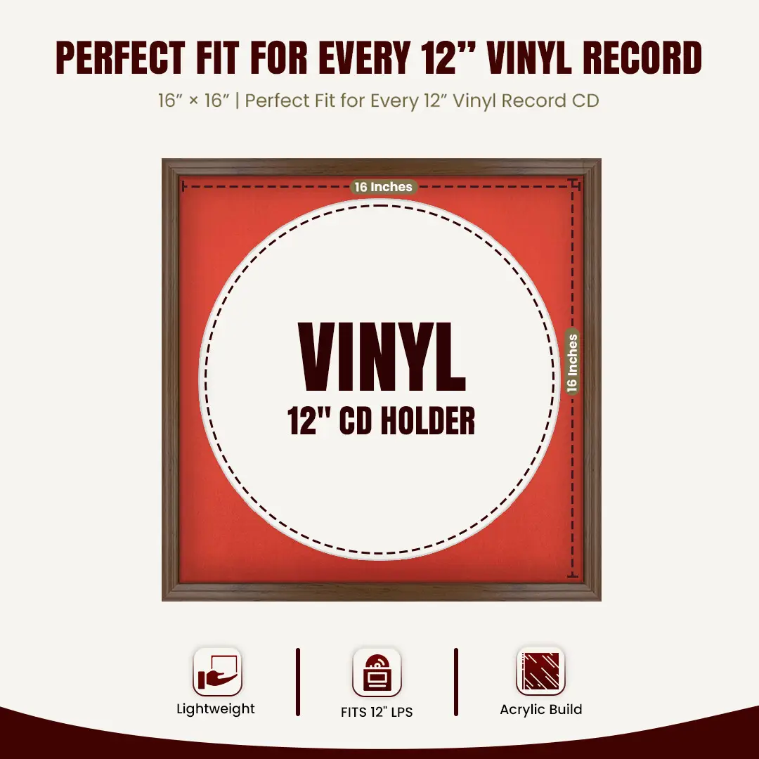 16x16" Classic Walnut Vinyl Record Frame With Black Mount For 12" LP Discs | Premium Wall Frame For Music Enthusiasts thumbnail 3