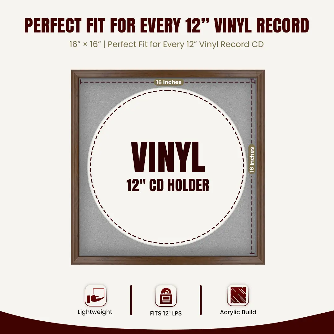 16x16" Classic Walnut Vinyl Record Frame With Black Mount For 12" LP Discs | Contemporary Wall Display thumbnail 3