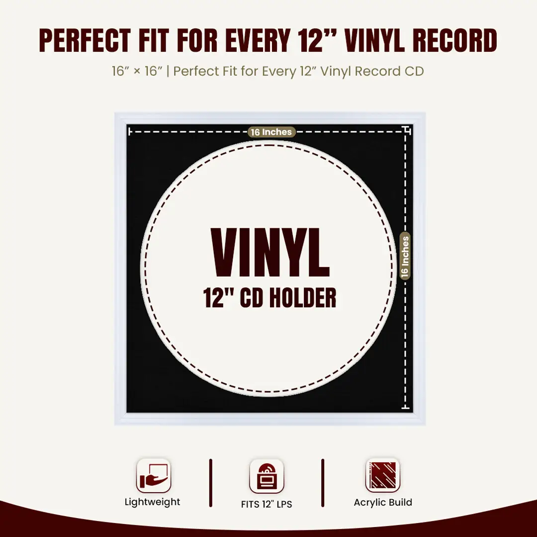 16x16" Classic White Vinyl Record Frame With Black Mount For 12" LP Discs | Contemporary Wall Display thumbnail 3