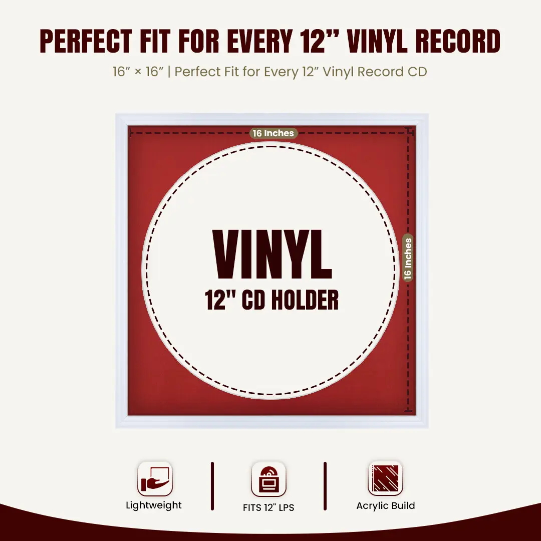 16x16" Classic White Vinyl Record Frame With Crimson Mount For 12" LP Discs | Elegant Frame For Music Lovers thumbnail 3