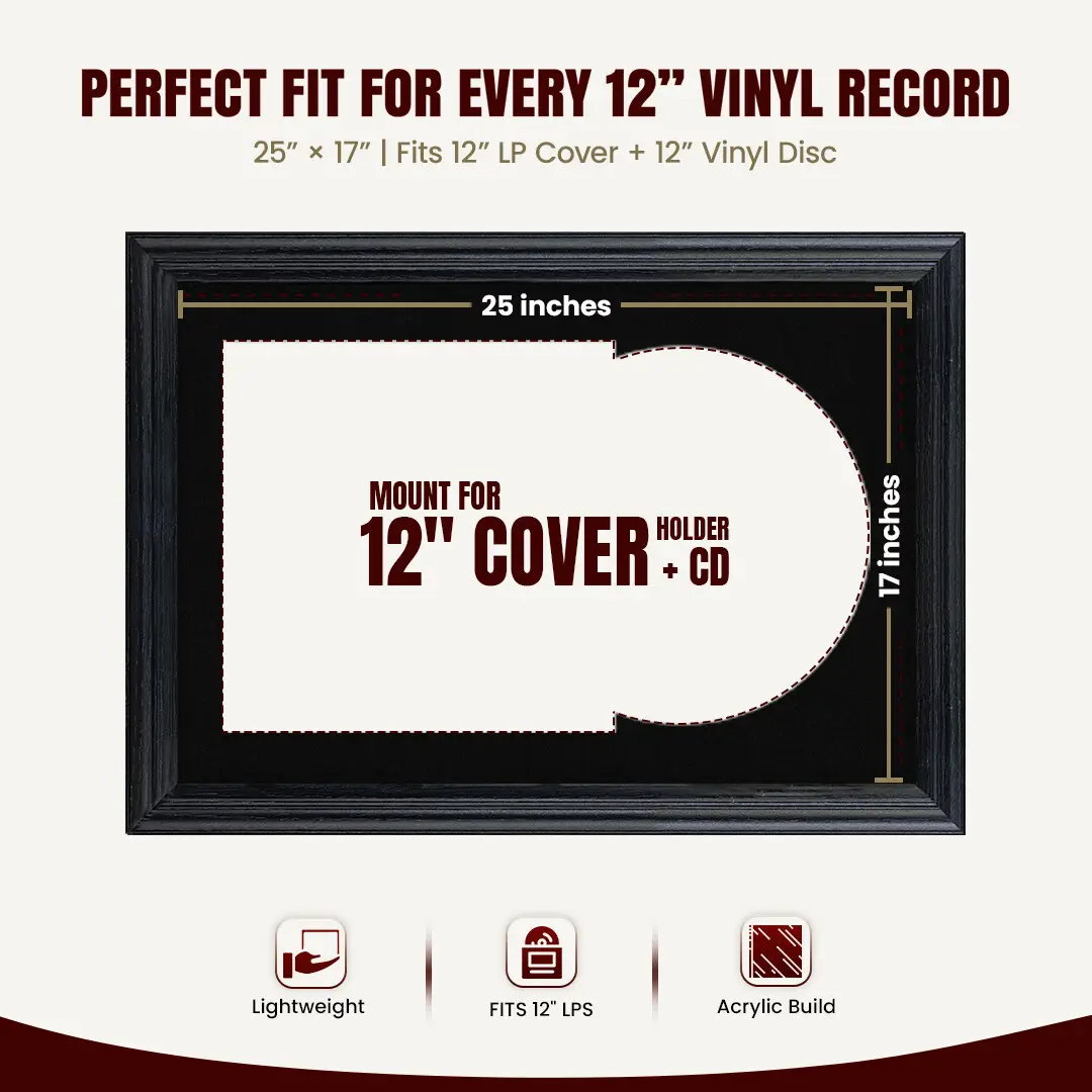 25x17" Classic Black Vinyl Record Frame For 12 Inch LP Cover & Disc With Black Mount | Overlapped Vinyl Display thumbnail 3