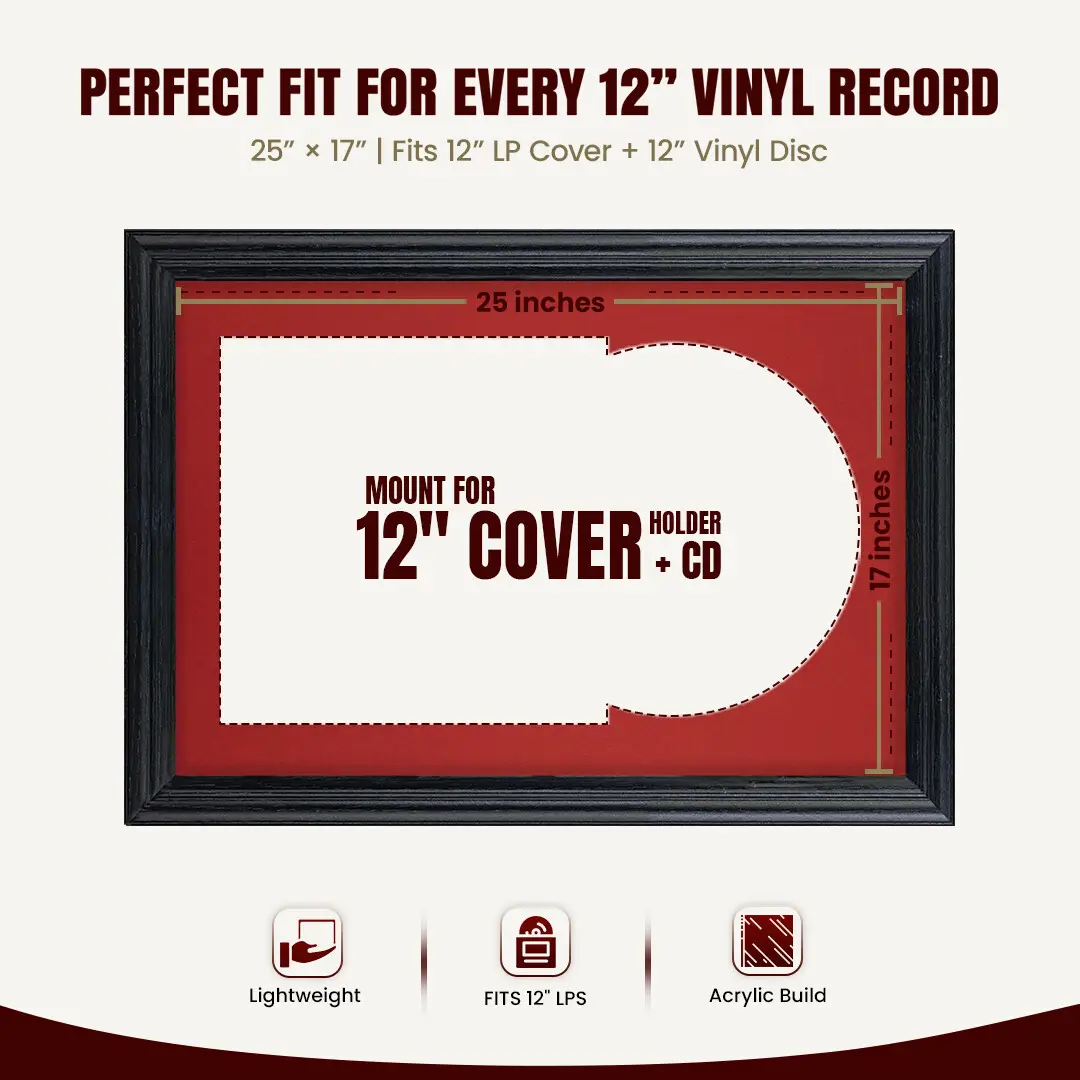 25x17" Classic Black Vinyl Record Frame For LP Cover & Disc With Crimson Mount | Overlapped Display thumbnail 3