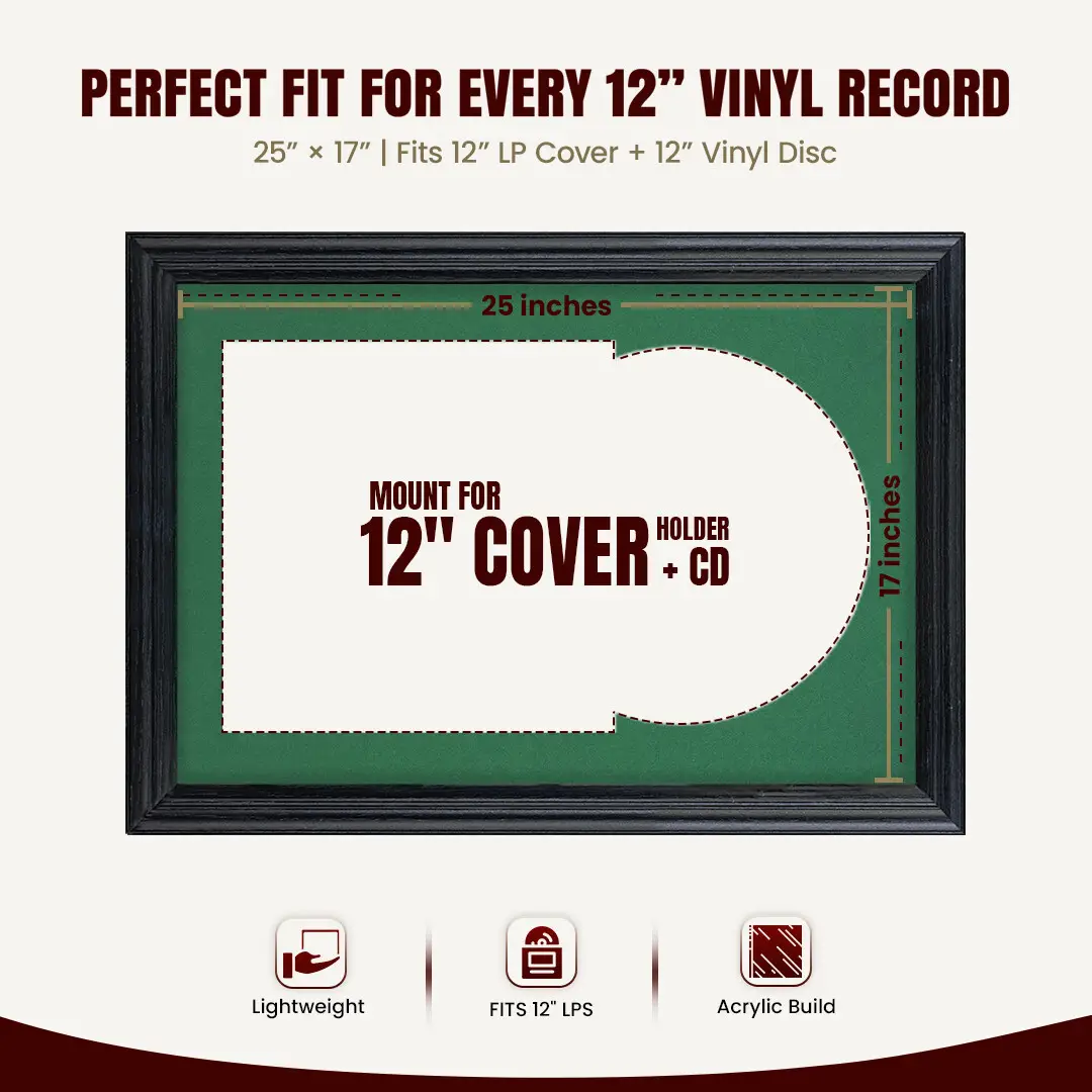 25x17" Classic Black Vinyl Record Frame For 12 Inch LP Cover & Disc With Emerald (Green) Mount | Overlapped Vinyl Display thumbnail 3