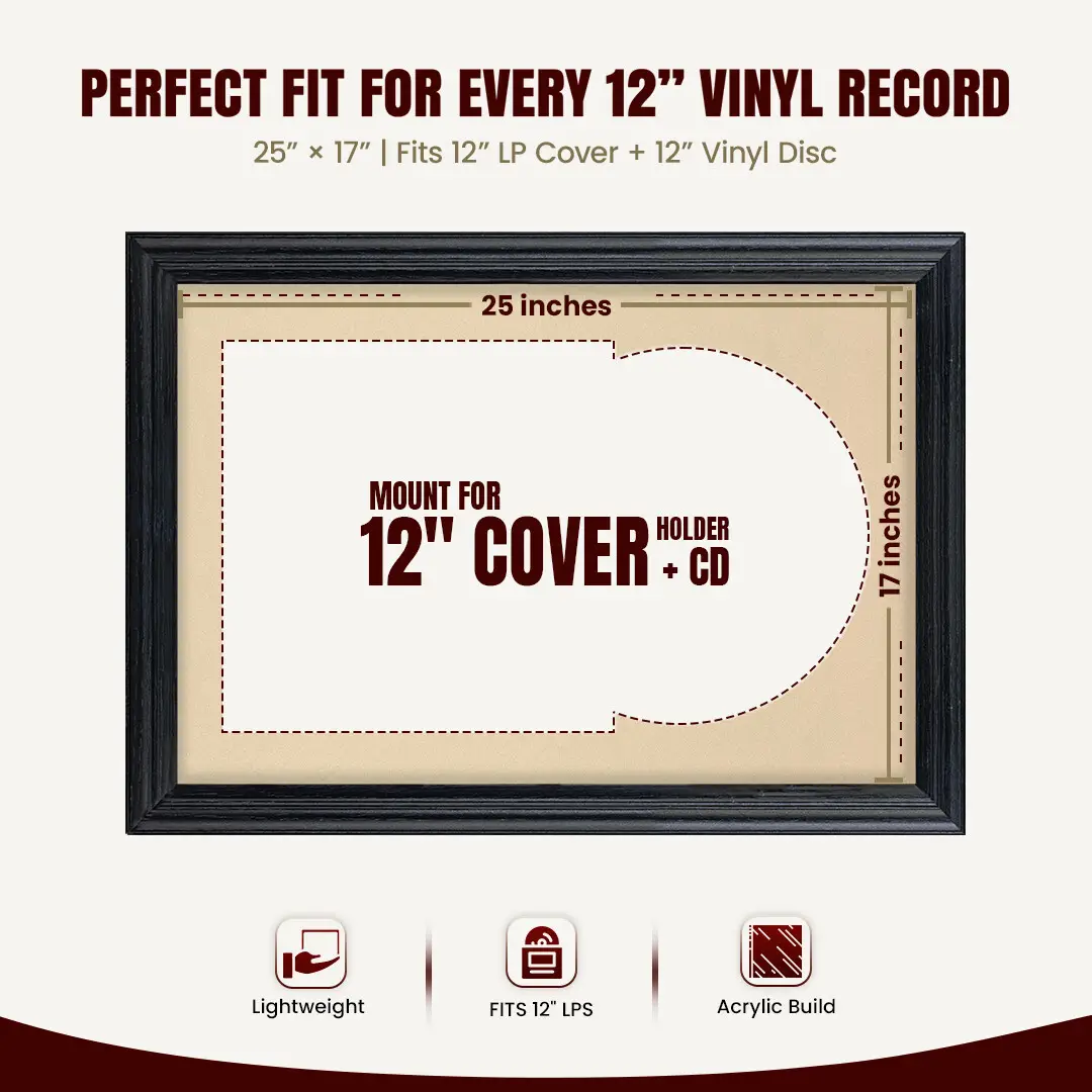 25x17" Classic Black Vinyl Record Frame For 12 Inch LP Cover & Disc With Ivory Mount | Overlapped Vinyl Display thumbnail 3