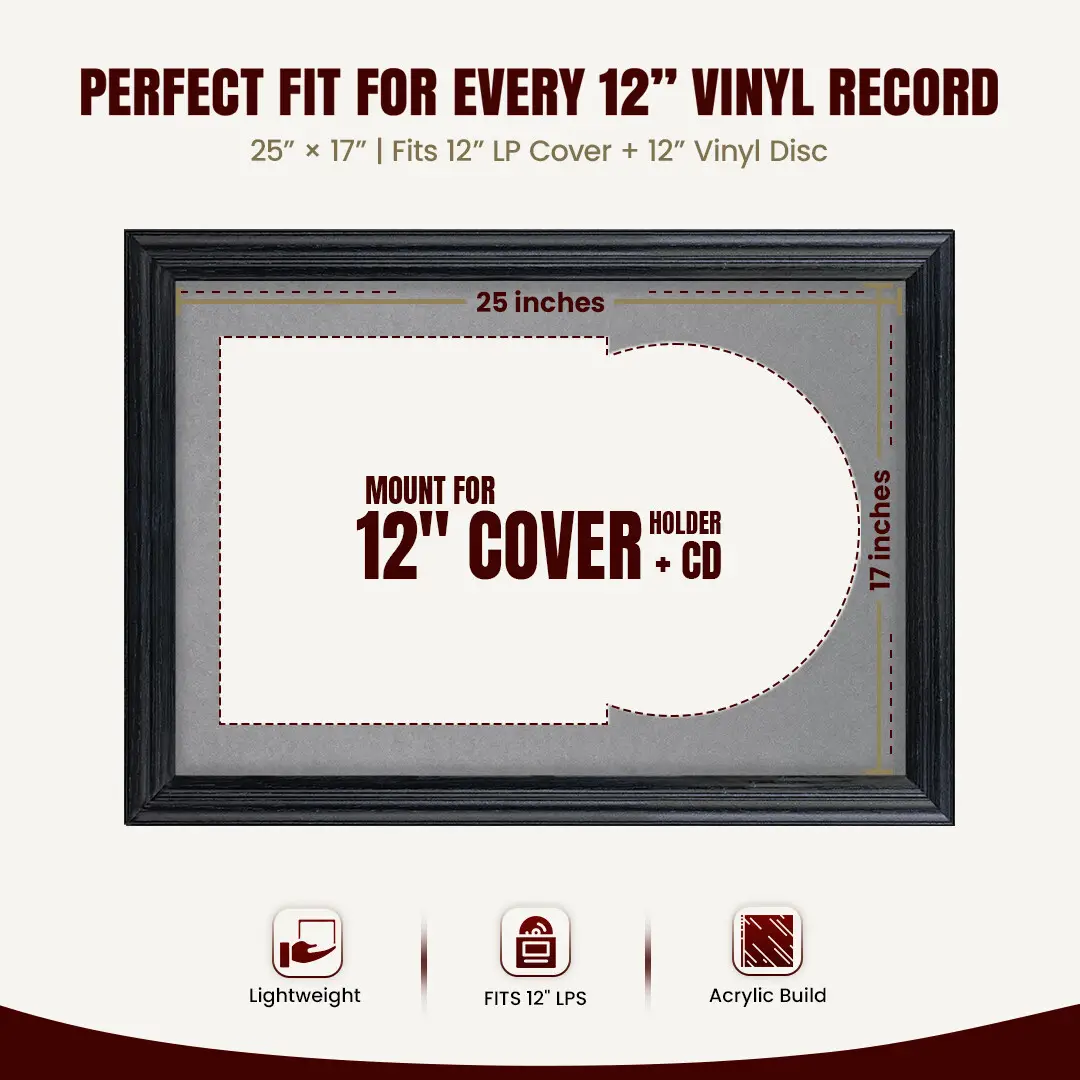 25x17" Classic Black Vinyl Record Frame For 12 Inch LP Cover & Disc With Mid Grey Mount | Overlapped Vinyl Display thumbnail 3