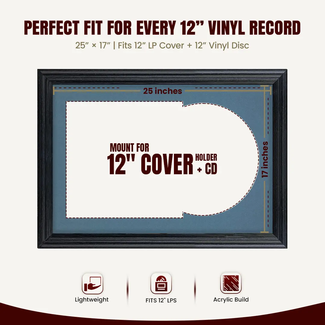 25x17" Classic Black Vinyl Record Frame For LP Cover & Disc With Pompador Mount | Overlapped Display thumbnail 3