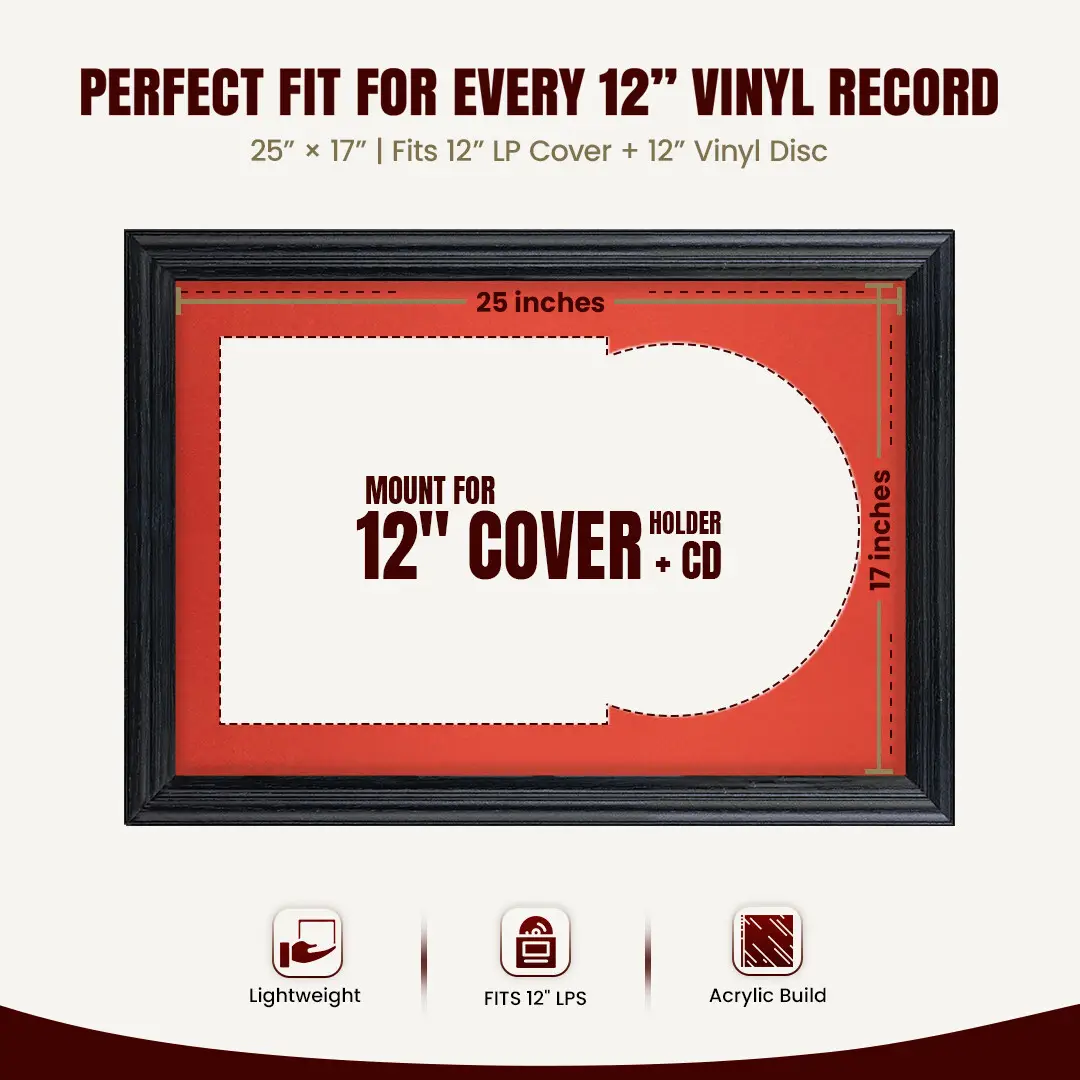 25x17" Classic Black Vinyl Record Frame For LP Cover & Disc With Poppy Red Mount | Overlapped Display thumbnail 3