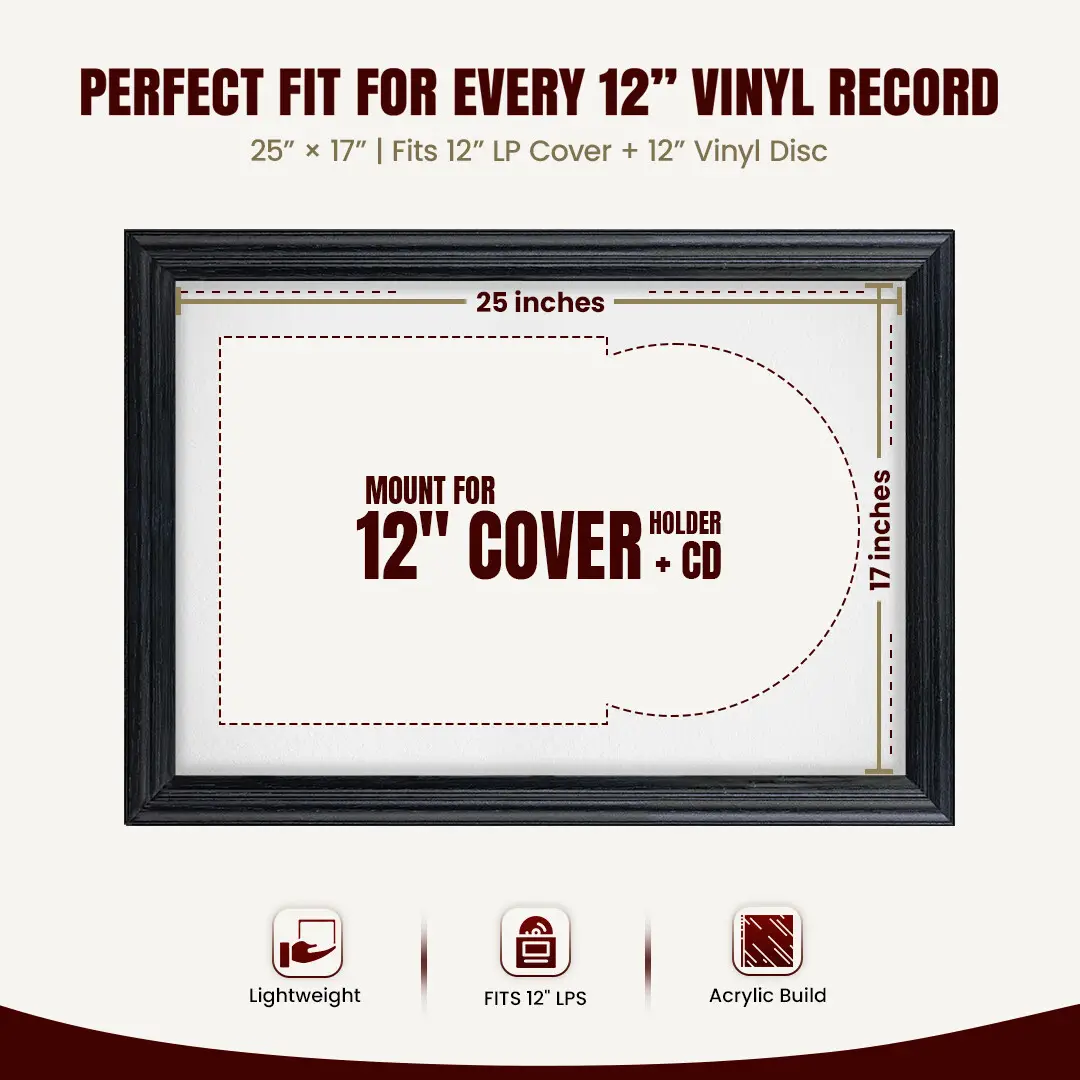 25x17" Classic Black Vinyl Record Frame For 12 Inch LP Cover & Disc (Overlapped) With Ice White Mount | Elegant Music Display thumbnail 3