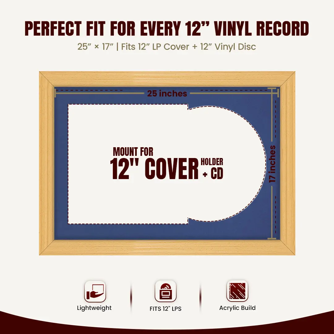 25x17" Classic Country Pine Vinyl Record Frame For LP Cover & Disc With Blue Mount | Overlapped Display thumbnail 3