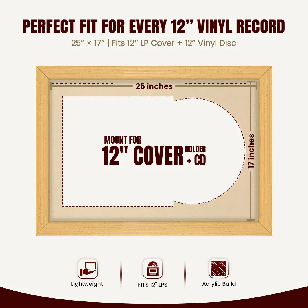 25x17" Classic Country Pine Vinyl Record Frame For LP Cover & Disc With Ivory Mount | Overlapped Display thumbnail 3