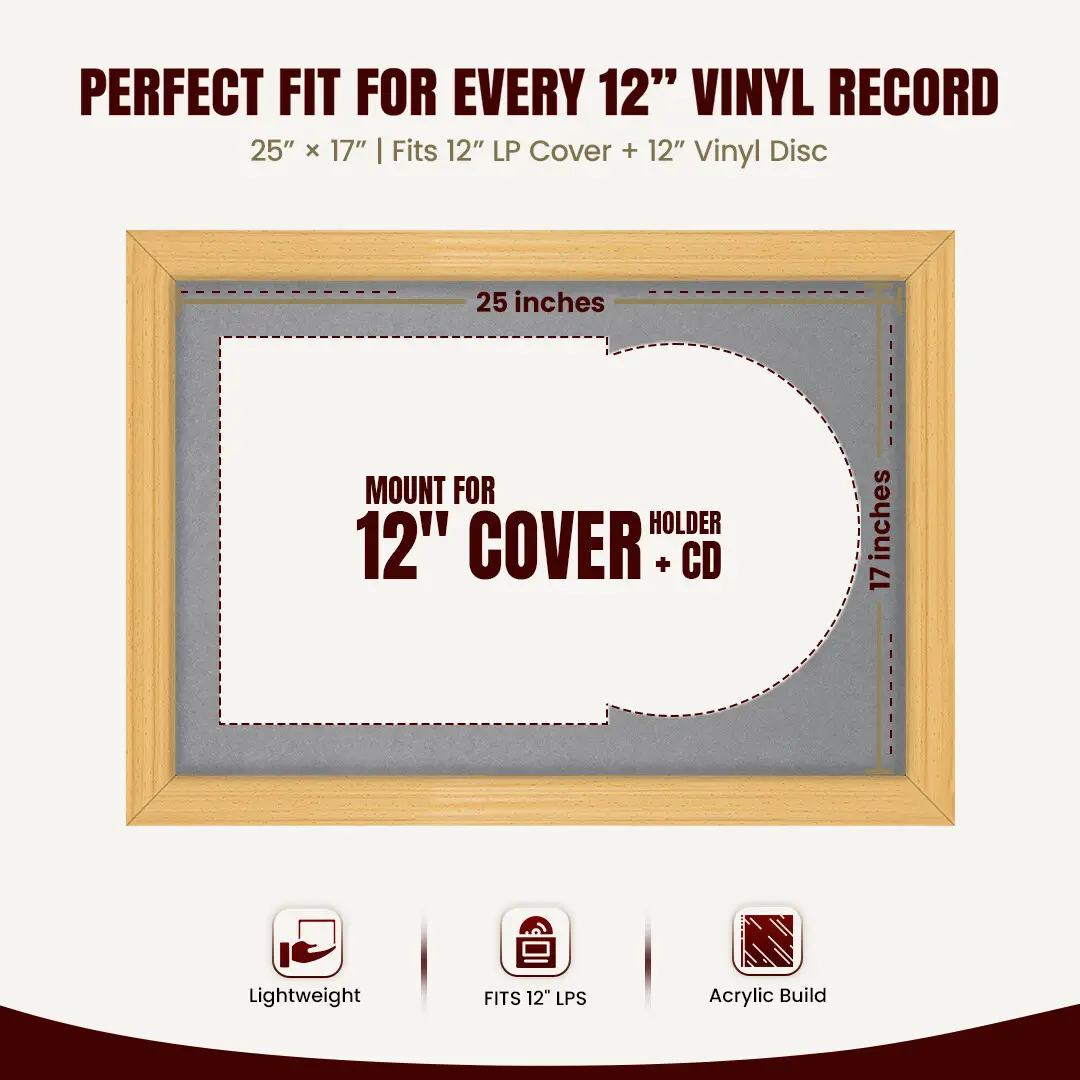 25x17" Classic Country Pine Vinyl Record Frame For 12 Inch LP Cover & Disc With Mid Grey Mount | Overlapped Vinyl Display thumbnail 3