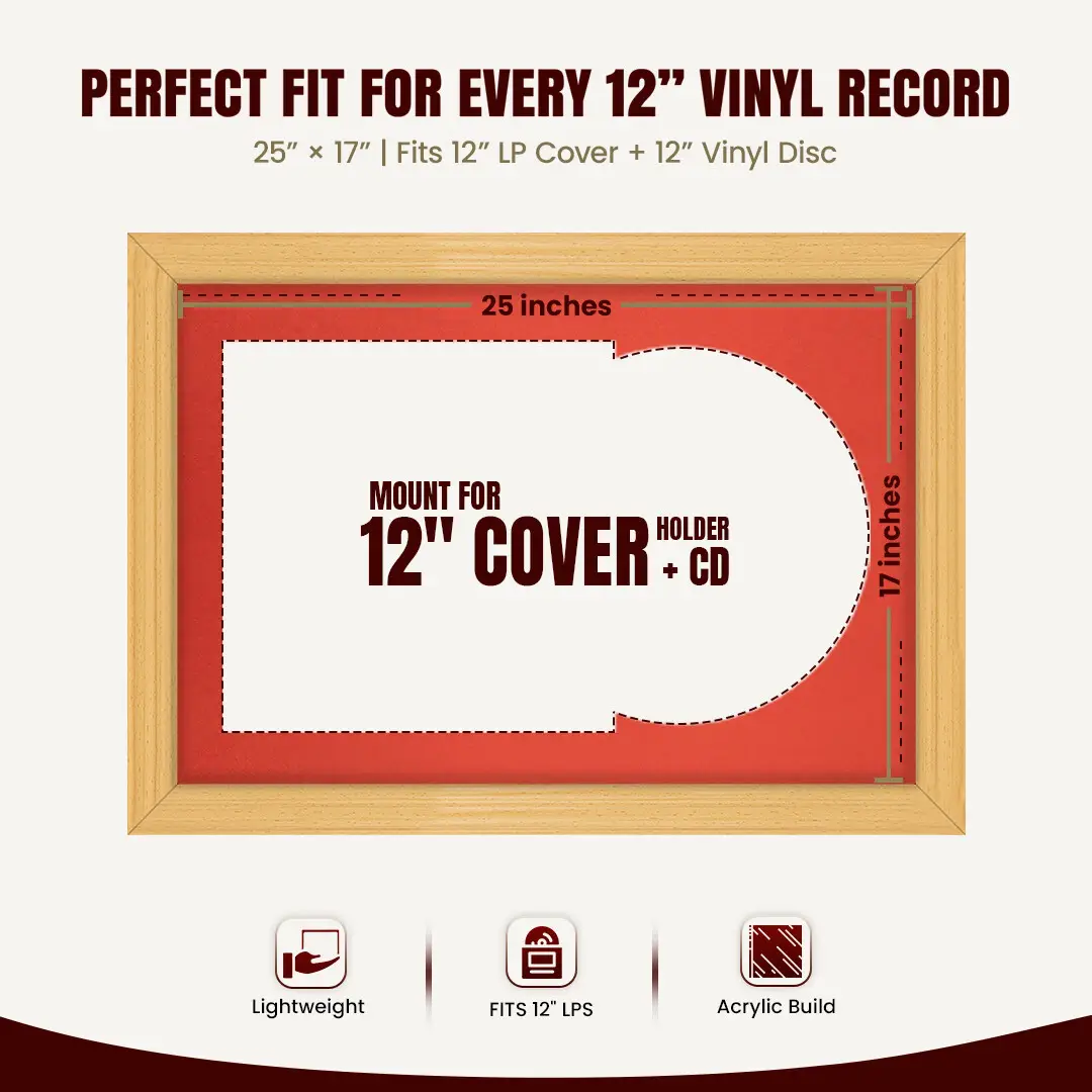 25x17" Classic Country Pine Vinyl Record Frame For LP Cover & Disc With Poppy Red Mount | Overlapped Display thumbnail 3