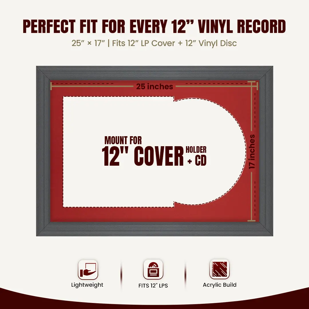 25x17" Classic Dark Grey Vinyl Record Frame For 12 Inch LP Cover & Disc With Crimson Mount | Overlapped Vinyl Display thumbnail 3