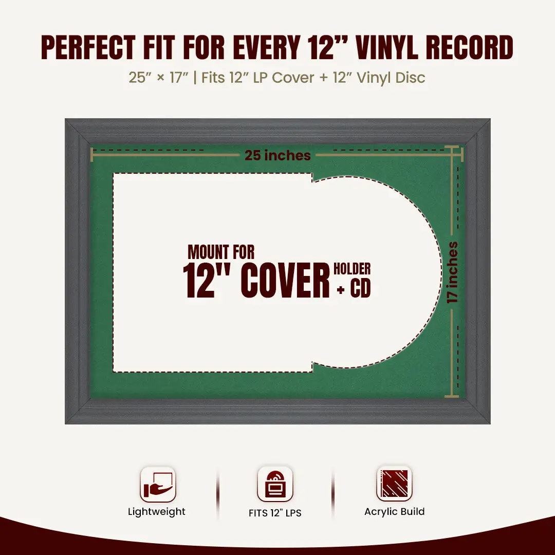25x17" Classic Dark Grey Vinyl Record Frame For LP Cover & Disc With Emerald (Green) Mount | Overlapped Display thumbnail 3
