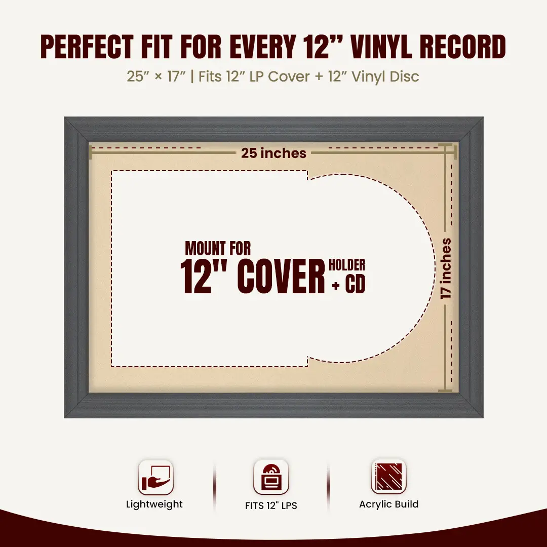 25x17" Classic Dark Grey Vinyl Record Frame For LP Cover & Disc With Ivory Mount | Overlapped Display thumbnail 3