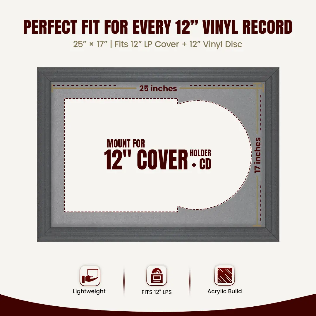 25x17" Classic Dark Grey Vinyl Record Frame For 12 Inch LP Cover & Disc With Mid Grey Mount | Overlapped Vinyl Display thumbnail 3
