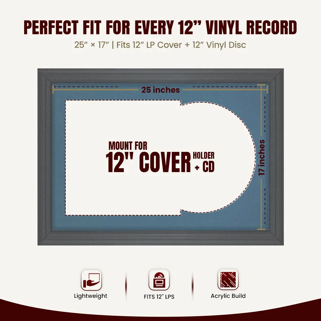 25x17" Classic Dark Grey Vinyl Record Frame For LP Cover & Disc With Pompador Mount | Overlapped Display thumbnail 3