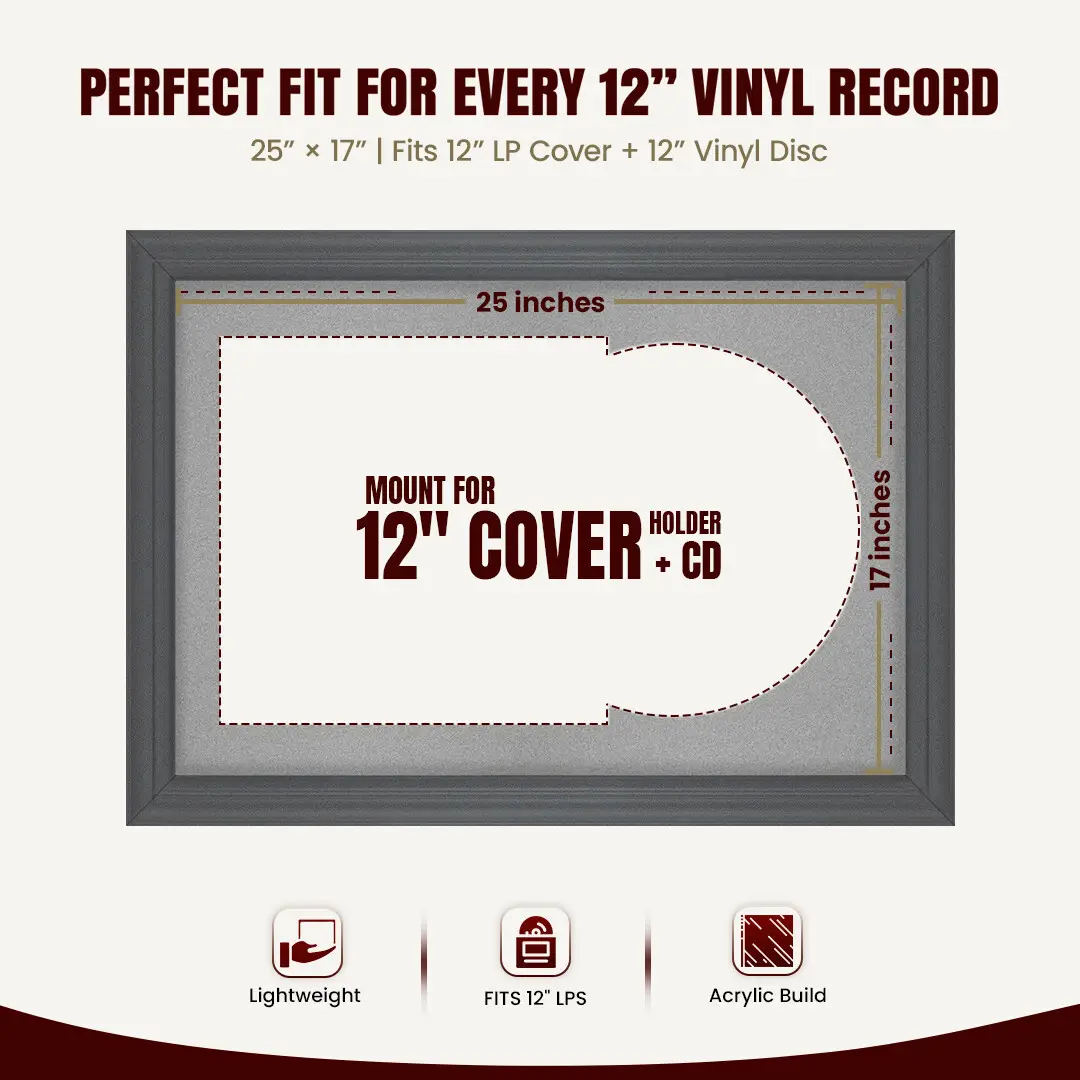 25x17" Classic Dark Grey Vinyl Record Frame For 12 Inch LP Cover & Disc With Silver Mount | Overlapped Vinyl Display thumbnail 3
