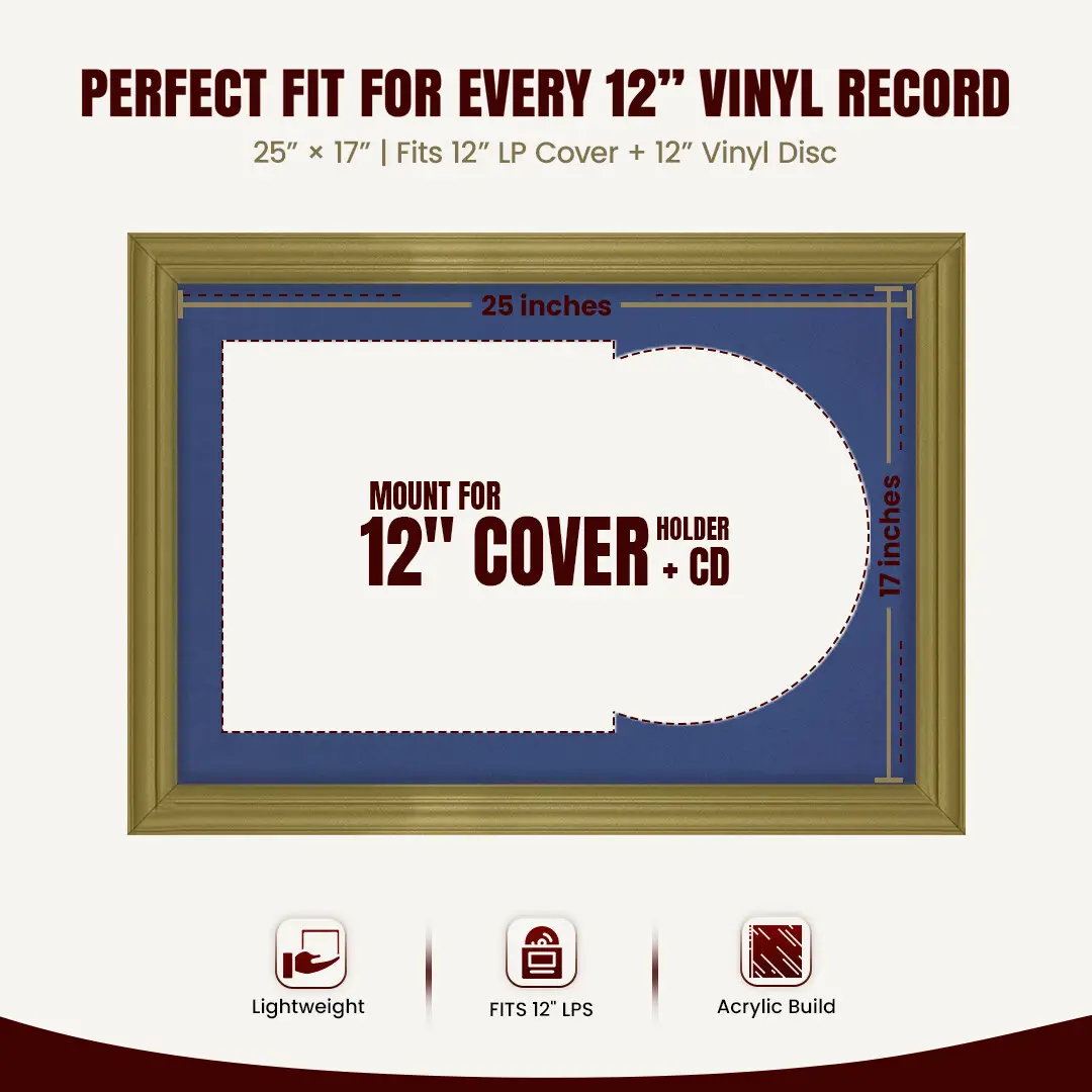25x17" Classic Gold Vinyl Record Frame For 12 Inch LP Cover & Disc (Overlapped) With Blue Mount | Elegant Music Display thumbnail 3