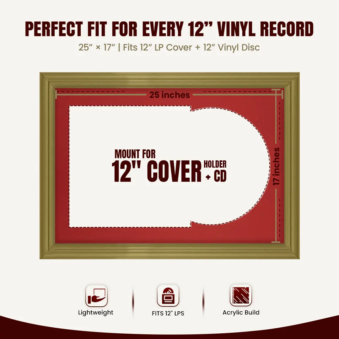25x17" Classic Gold Vinyl Record Frame For 12 Inch LP Cover & Disc (Overlapped) With Crimson Mount | Elegant Music Display thumbnail 3