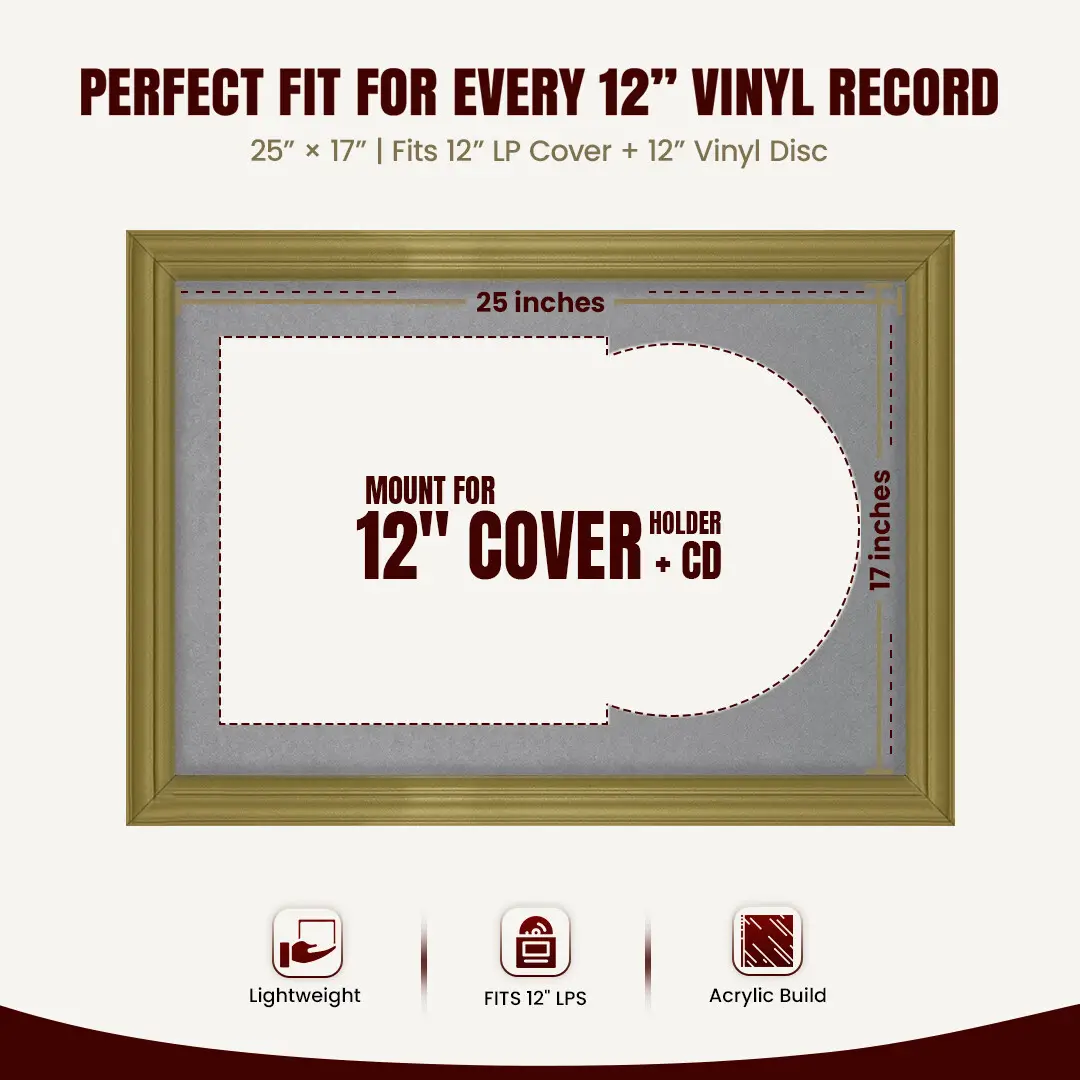 25x17" Classic Gold Vinyl Record Frame For LP Cover & Disc With Mid Grey Mount | Overlapped Display thumbnail 3