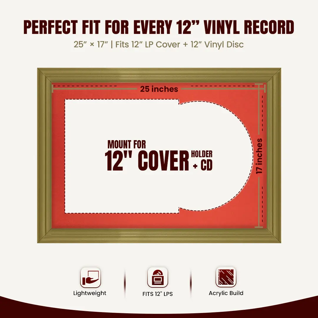 25x17" Classic Gold Vinyl Record Frame For 12 Inch LP Cover & Disc With Poppy Red Mount | Overlapped Vinyl Display thumbnail 3