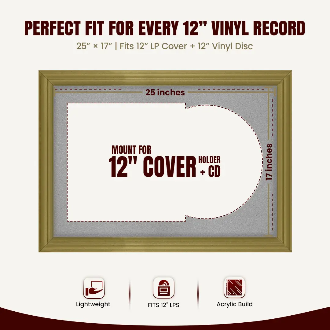 25x17" Classic Gold Vinyl Record Frame For 12 Inch LP Cover & Disc With Black Mount | Overlapped Vinyl Display thumbnail 3
