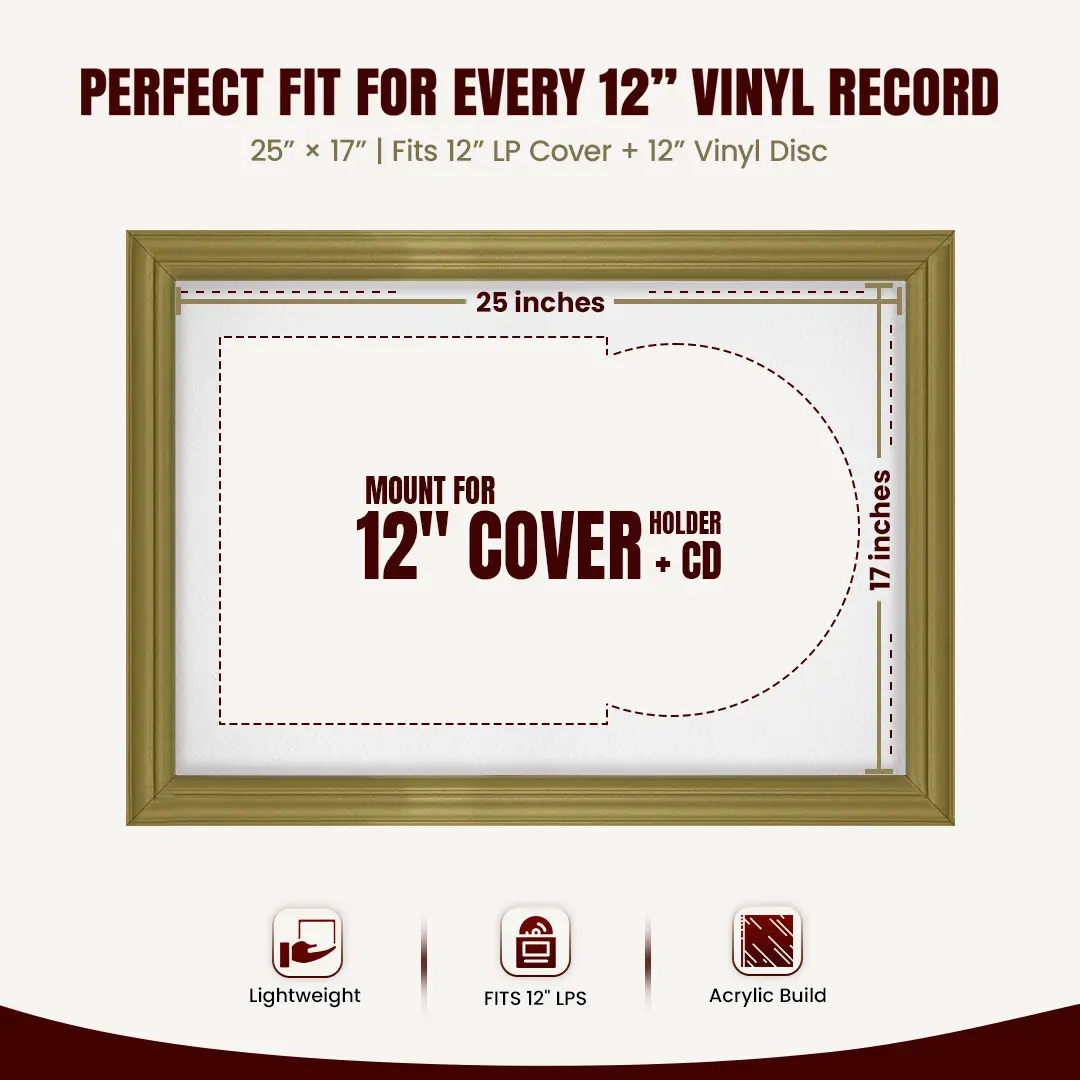 25x17" Classic Gold Vinyl Record Frame For LP Cover & Disc With Poppy Red Mount | Overlapped Display thumbnail 3