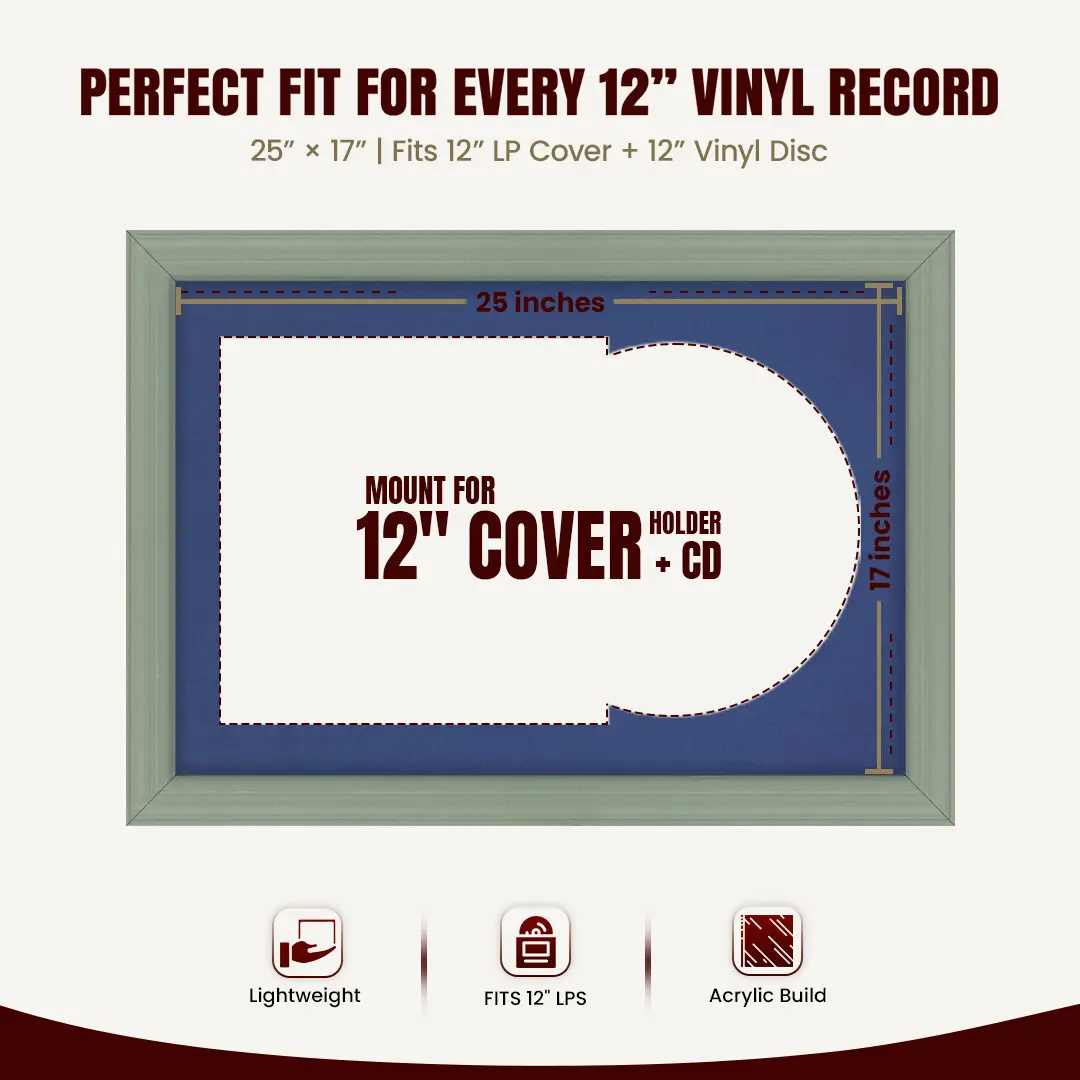 25x17" Classic Green Vinyl Record Frame For LP Cover & Disc With Blue Mount | Overlapped Display thumbnail 3