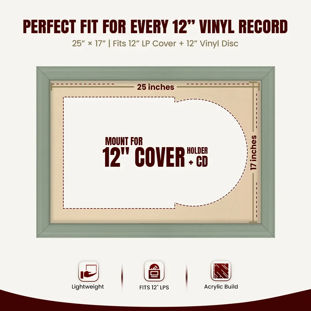 25x17" Classic Green Vinyl Record Frame For LP Cover & Disc With Ivory Mount | Overlapped Display thumbnail 3