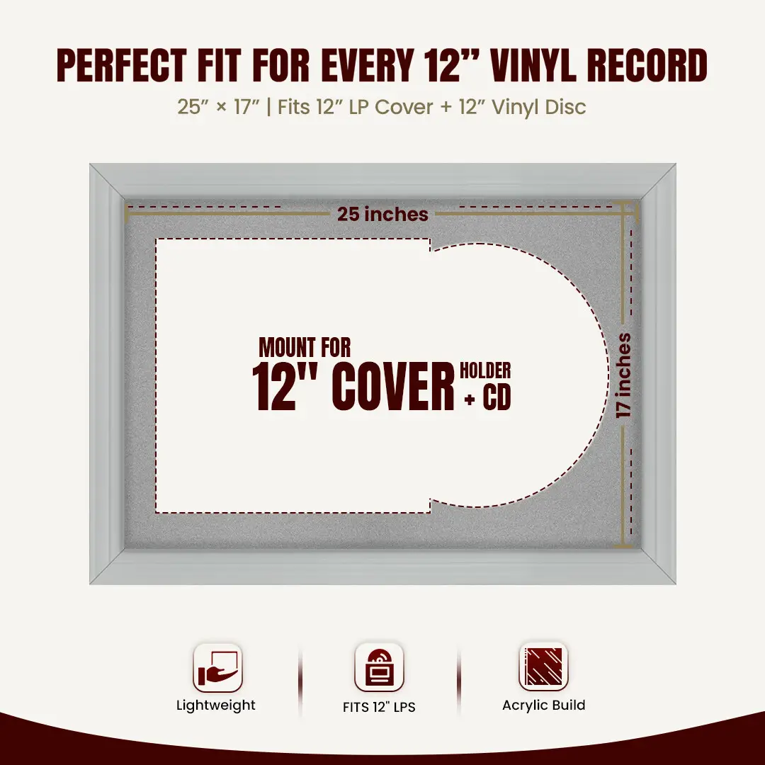 25x17" Classic Light Grey Vinyl Record Frame For 12 Inch LP Cover & Disc With Silver Mount | Overlapped Vinyl Display thumbnail 3