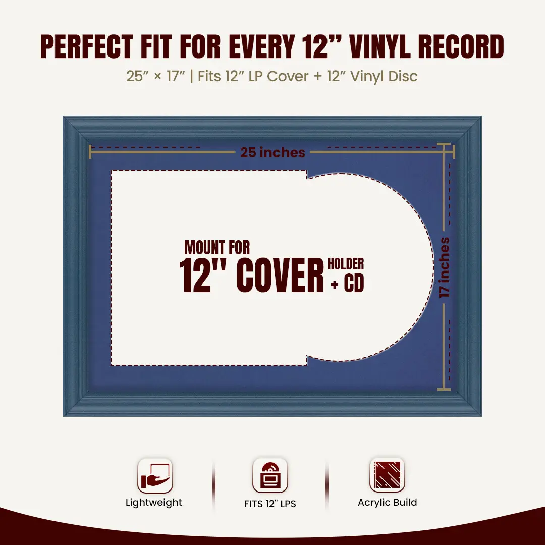 25x17" Classic Navy Blue Vinyl Record Frame For 12 Inch LP Cover & Disc (Overlapped) With Blue Mount | Elegant Music Display thumbnail 3