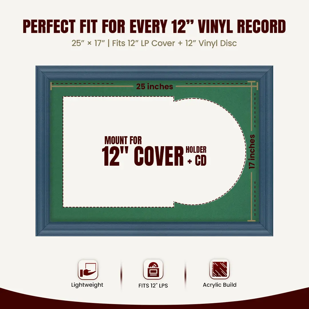 25x17" Classic Navy Blue Vinyl Record Frame For 12 Inch LP Cover & Disc (Overlapped) With Emerald (Green) Mount | Elegant Music Display thumbnail 3