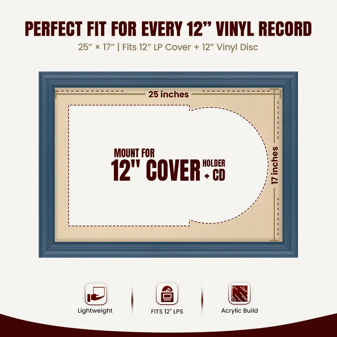 25x17" Classic Navy Blue Vinyl Record Frame For 12 Inch LP Cover & Disc (Overlapped) With Ivory Mount | Elegant Music Display thumbnail 3