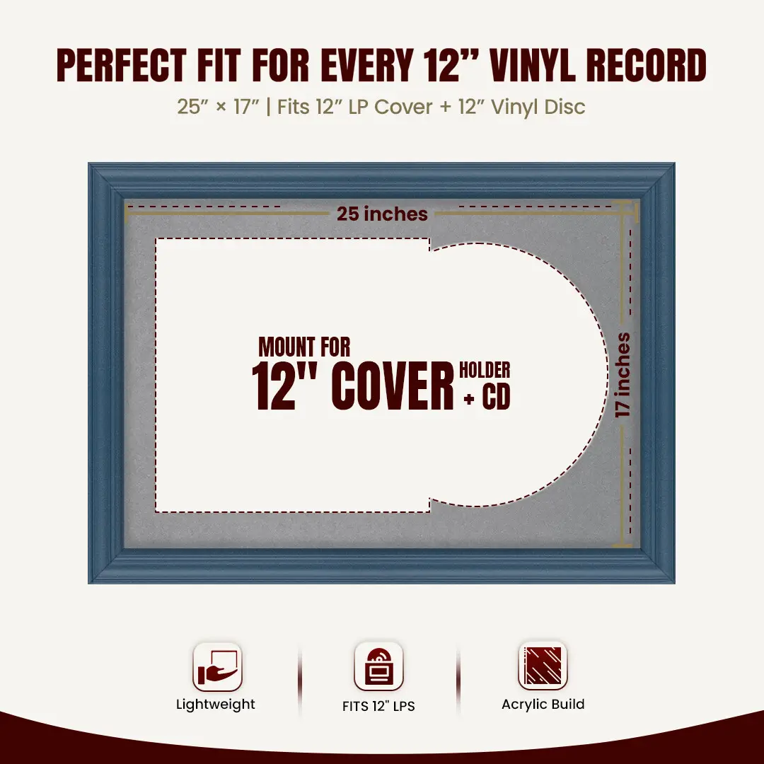 25x17" Classic Navy Blue Vinyl Record Frame For LP Cover & Disc With Mid Grey Mount | Overlapped Display thumbnail 3