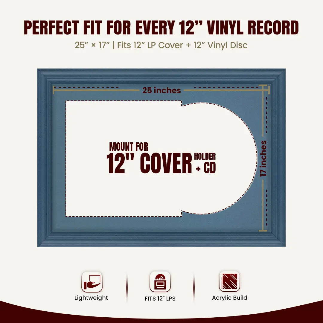25x17" Classic Navy Blue Vinyl Record Frame For LP Cover & Disc With Pompador Mount | Overlapped Display thumbnail 3