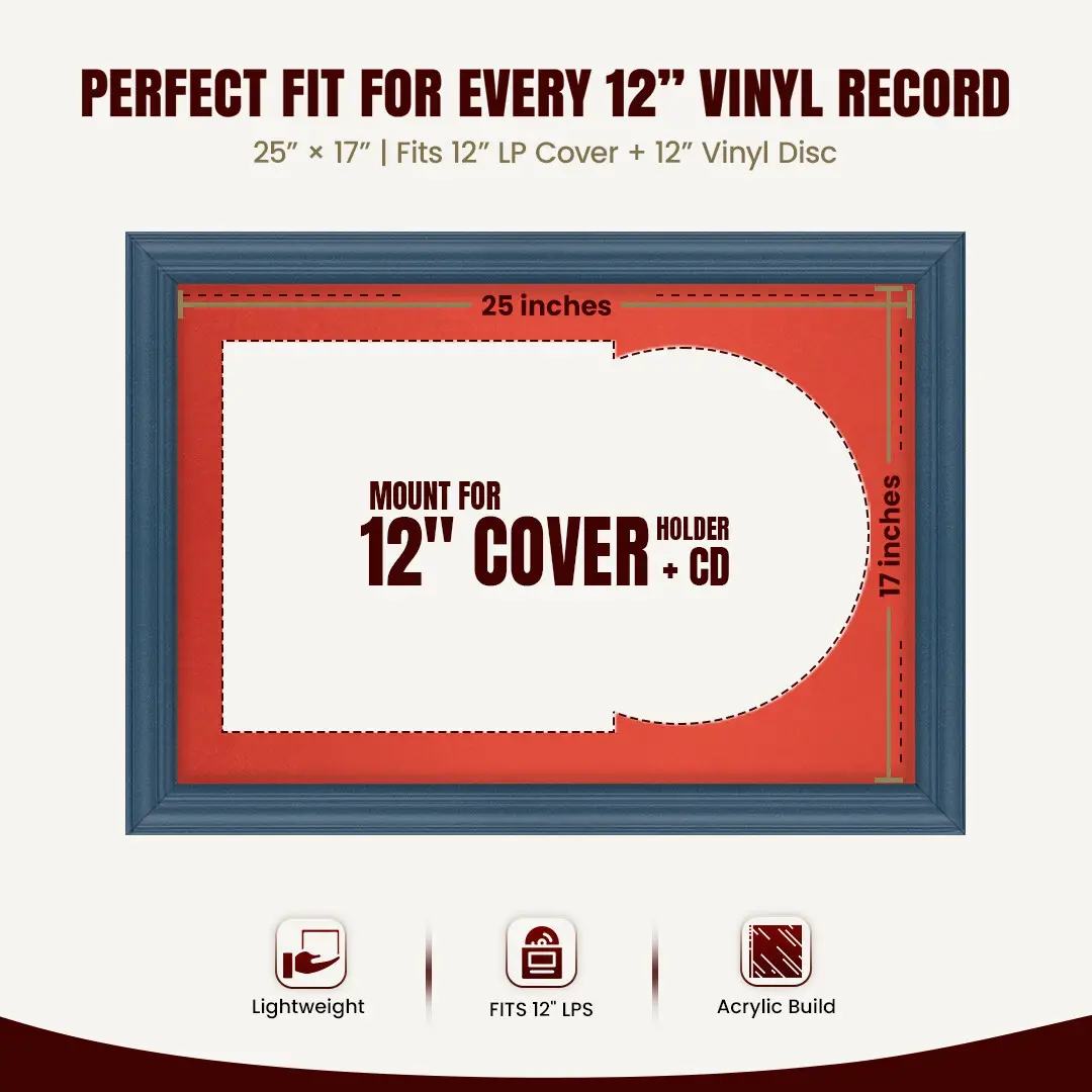 25x17" Classic Navy Blue Vinyl Record Frame For LP Cover & Disc With Poppy Red Mount | Overlapped Display thumbnail 3