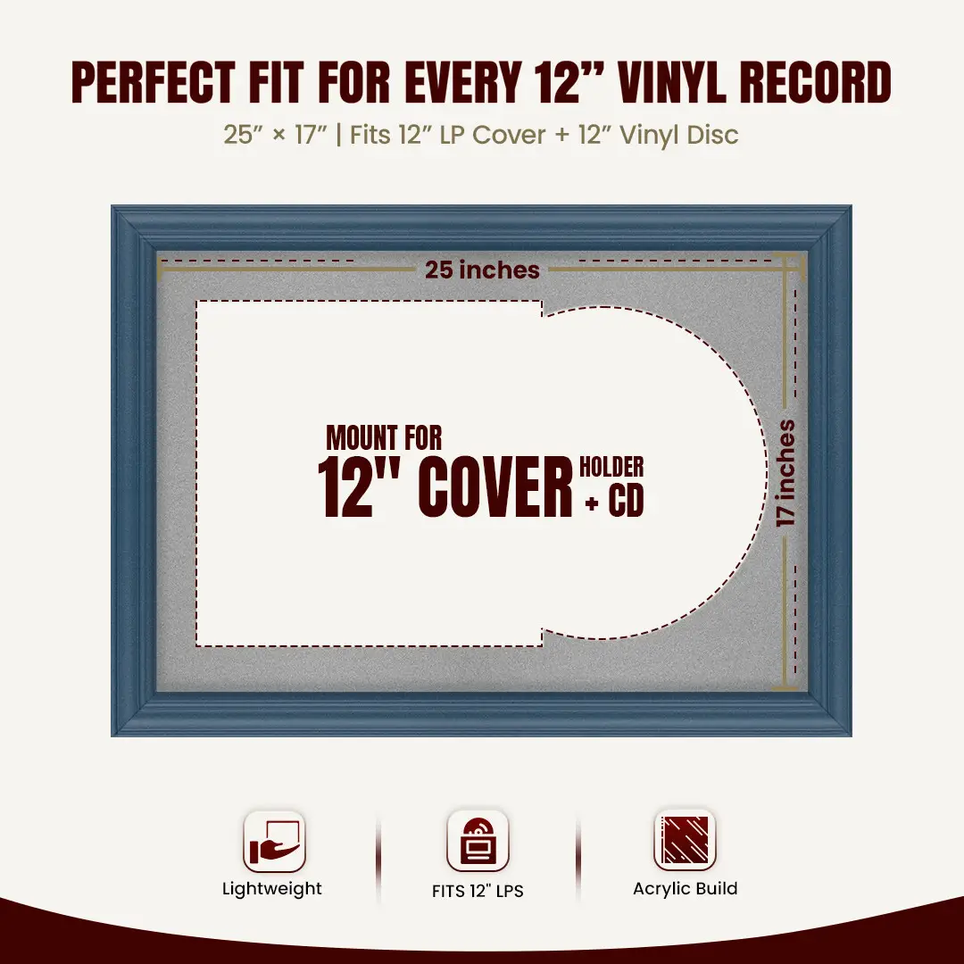 25x17" Classic Navy Blue Vinyl Record Frame For 12 Inch LP Cover & Disc With Silver Mount | Overlapped Vinyl Display thumbnail 3