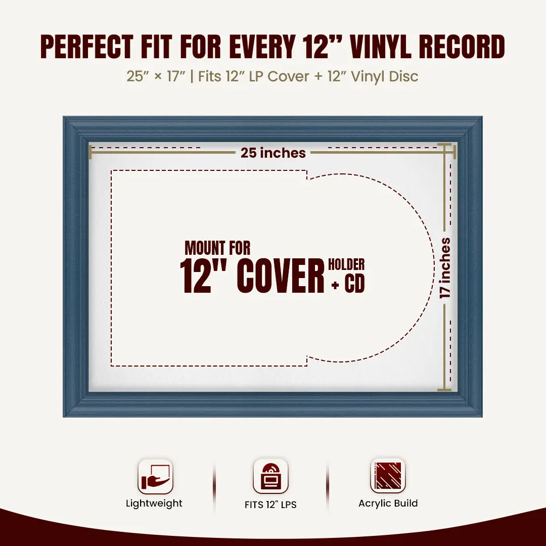 25x17" Classic Navy Blue Vinyl Record Frame For 12 Inch LP Cover & Disc With Black Mount | Overlapped Vinyl Display thumbnail 3