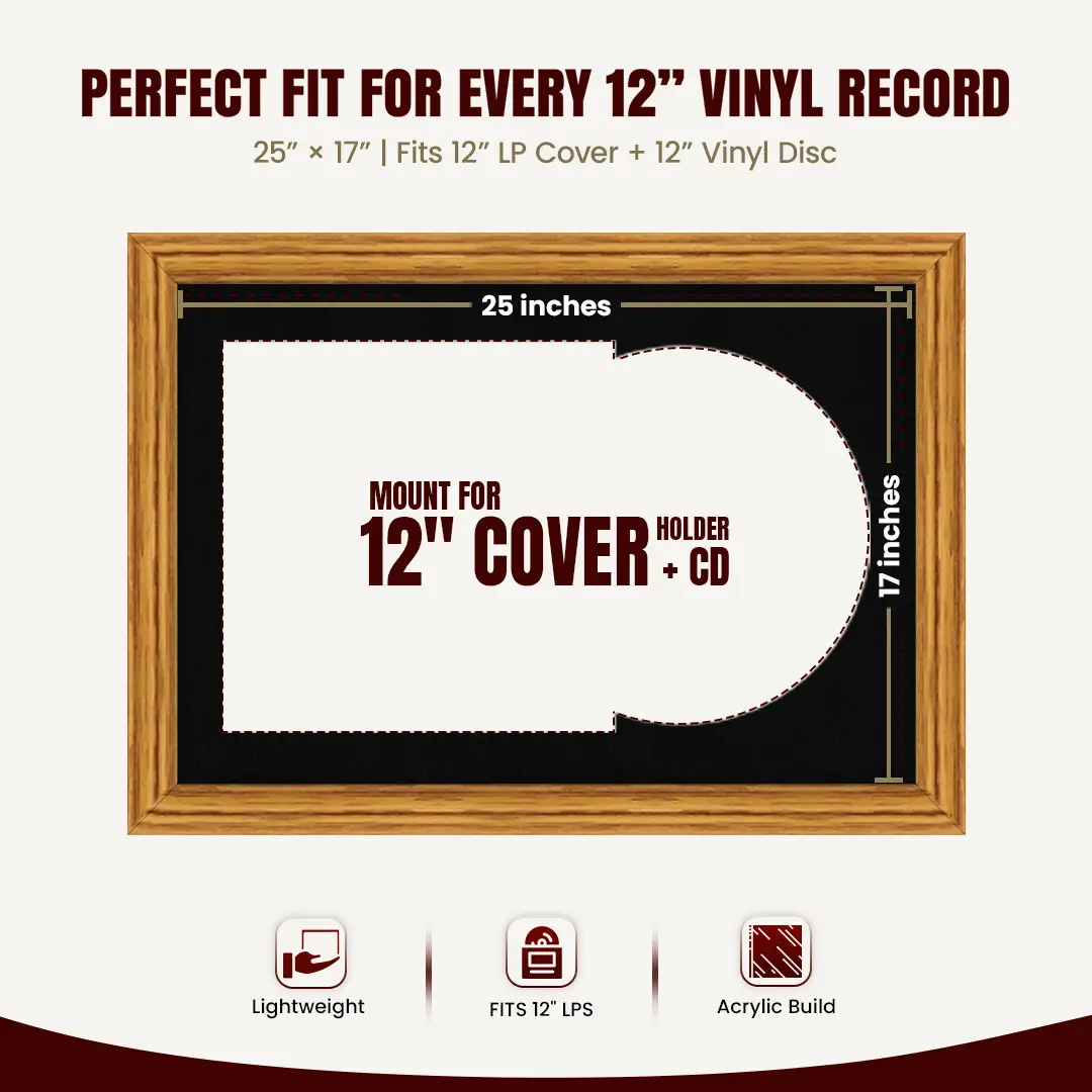 25x17" Classic Oak Vinyl Record Frame For 12 Inch LP Cover & Disc (Overlapped) With Black Mount | Elegant Music Display thumbnail 3