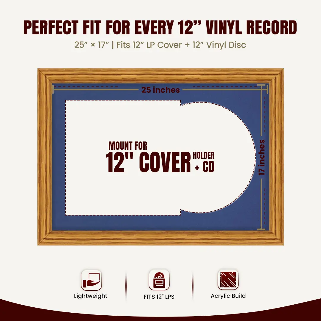 25x17" Classic Oak Vinyl Record Frame For LP Cover & Disc With Blue Mount | Overlapped Display thumbnail 3